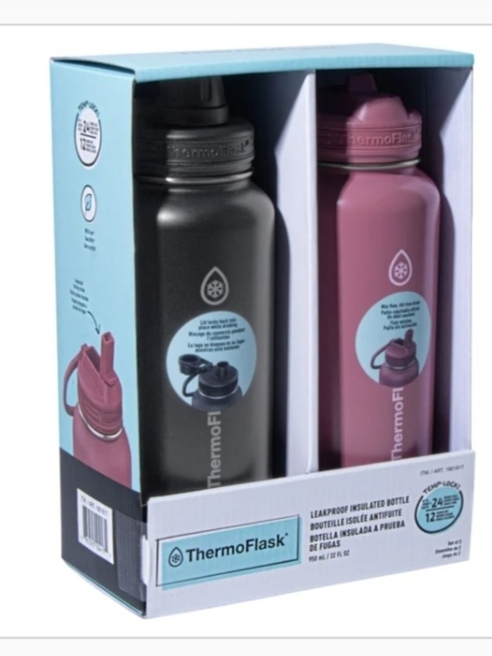 ThermoFlask Leakproof Insulated Water Bottles - Black & Dusty Rose (Set of 2)